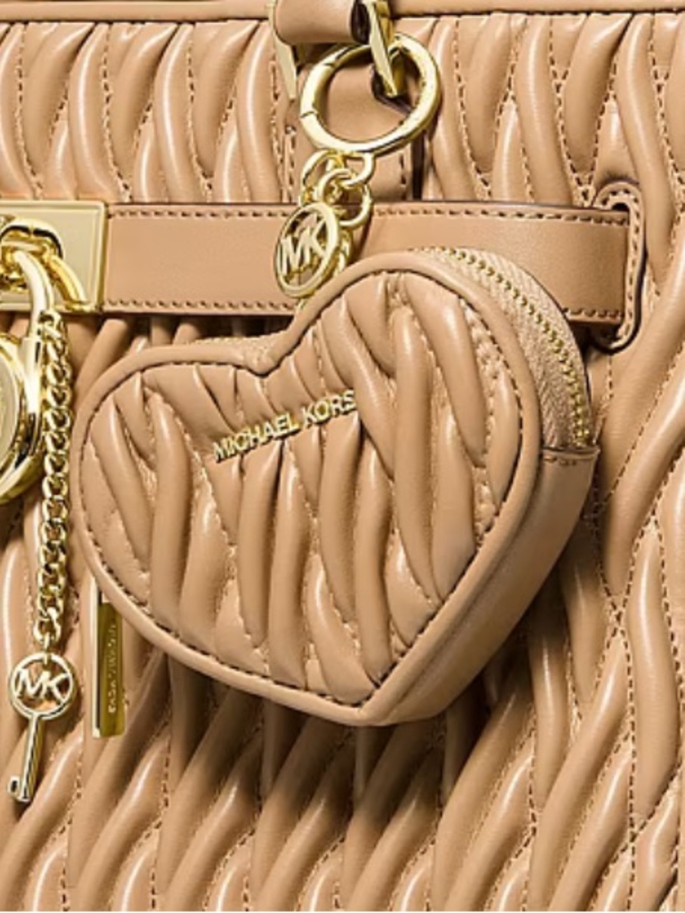 Michael Kors Tan Quilted Heart Keyring Coin Pouch Matelassé Bag Charm - Picture 3 of 9